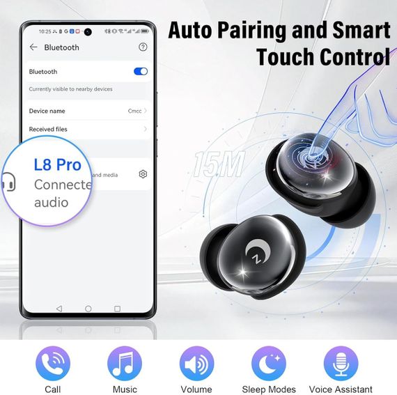 Навушники-вкладиші для сну Bluetooth 5.4 з сенсорним екраном, 48 годин роботи, IPX7, міні гарнітура з еквалайзером, для сну на боц | Зображення 2