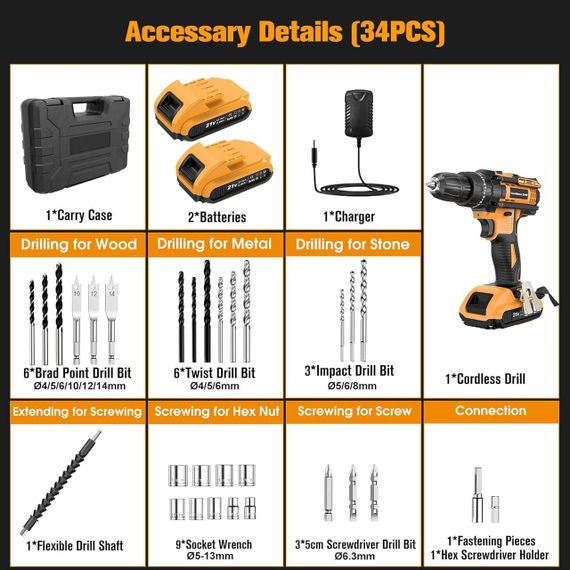 Дриль шурупокрут акумуляторний JYGMPRO 21 В, ударний дриль із 2 батареями 2000 мА·год, крутний момент 25+3, макс | Зображення 3