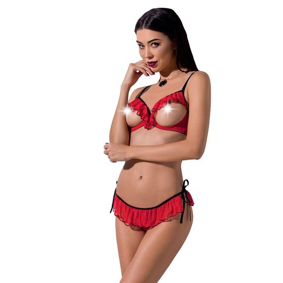 Комплект білизни Passion Exclusive CHERRY SET OpenBra XXL/XXXL red, відкритий ліф, трусики-спідничка sexstyle