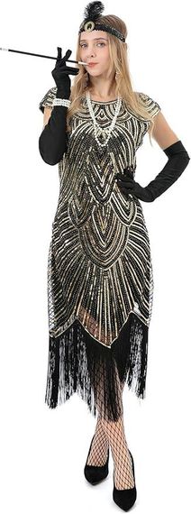 Сукня в стилі 20-х Гетсбі з паєтками бахромою перчатками аксесуарами, жіночий ретро образ для карнавалу, вечірок, Хелловіну | Зображення 2