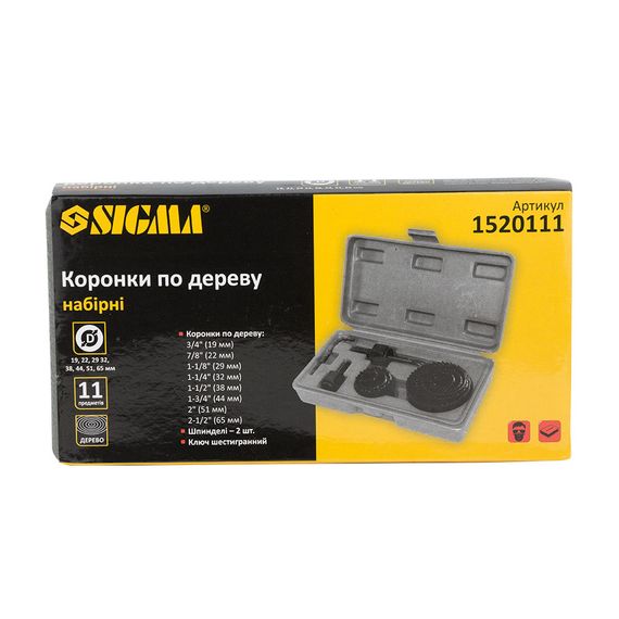 Коронки по дереву Sigma набірні Ø19, 22, 29, 32, 38, 44, 51, 65 мм (кейс) (1520111) | Зображення 1