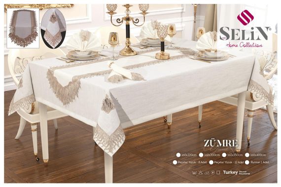Льняная скатерть с ранером Selin Zumre Set 160×350+12 салфеток кремовая