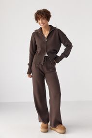 Трикотажний костюм із кофтою на блискавці та штанами - коричневий цвет, ONE SIZE (є розміри)