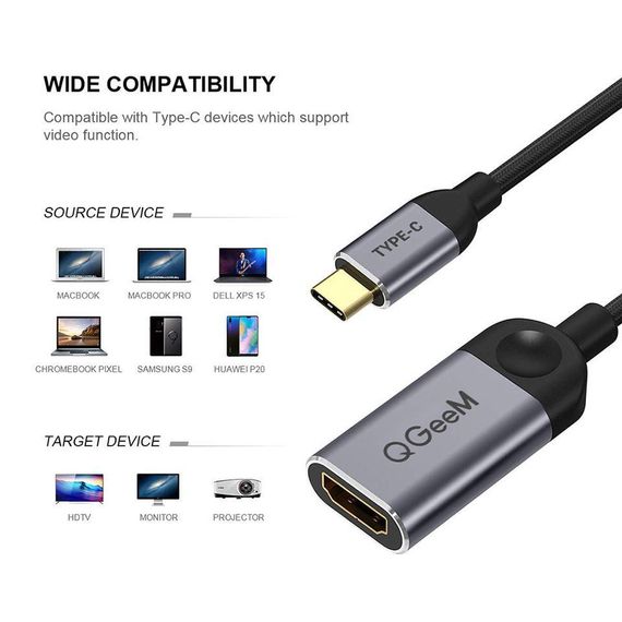 Адаптер USB C HDMI QGeeM  4K 30 Гц Type-c - HDMI для huawei mate 20 macBook pro ipad pro hdmi female | Зображення 6