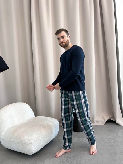 Домашня піжама для чоловіків COSY із фланелі (штани+лонгслів темно синій) в клітину синьо-зелені | Зображення 2