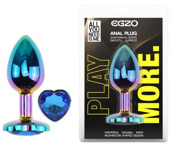 Анальна пробка EGZO Multicolor Heart Plug Blue S, металева з кристалом Sex Aura