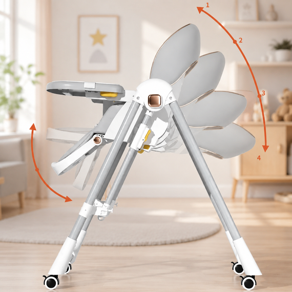 Стульчик для кормления BabyChair с регулируемой спинкой и столиком, шезлонг, колеса, складной X-715 / Стульчик-шезлонг для годув | Зображення 7
