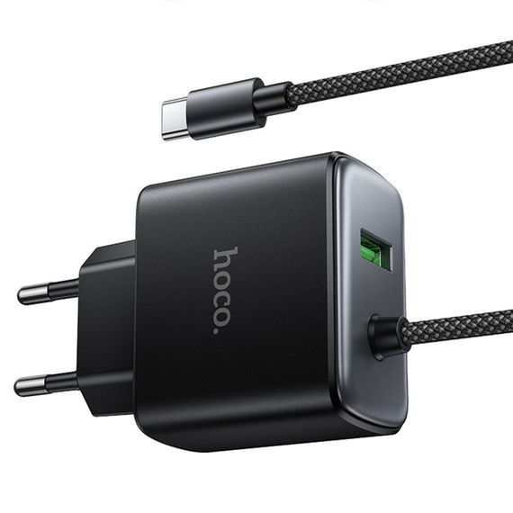 МЗП Hoco C164A New PD30W+QC3.0 (1USB-A/1C) + встроенный кабель Type-C Black | Зображення 3