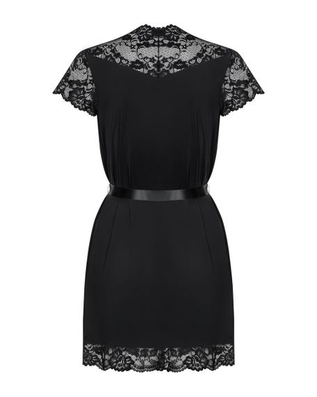 Сатиновий відкритий пеньюар на поясі Obsessive 810-PEI–1 peignoir black 2XL/3XL, чорний | Зображення 5