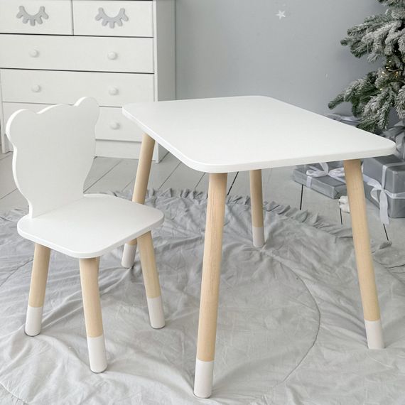 Прямокутний стіл і стільчик дитячий білий ведведик. Столик для уроків, ігор, їжі. | Зображення 5