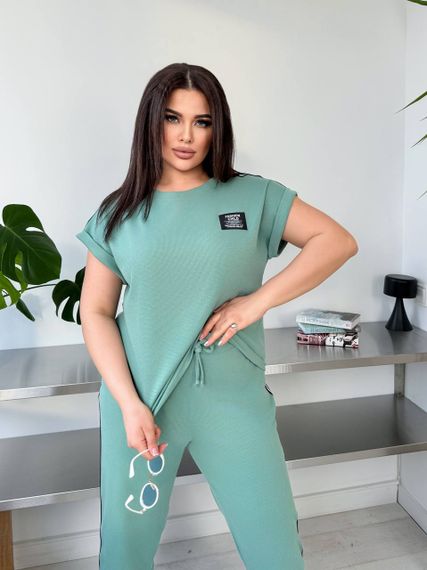 Женский спортивный костюм с лампасами штаны и футболка KF045 цвет оливковый, размер 52/54 | Зображення 4