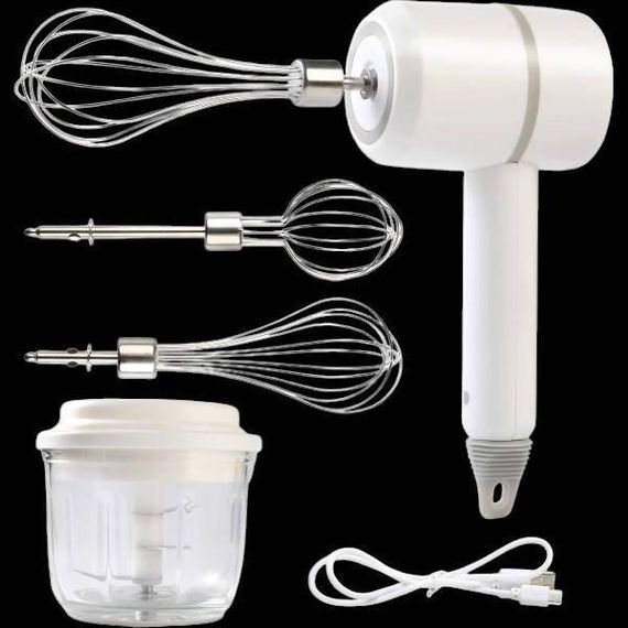 Міксер портативний електричний, віночок для яєць та подрібнювач часнику Білий
