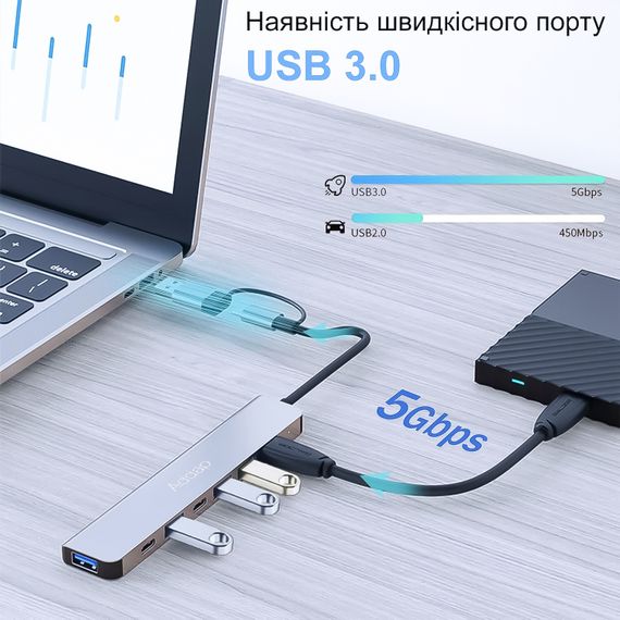 Мультифункциональный USB type-C хаб – разветвитель для ноутбука Addap MH-15D | Адаптер 7в1: USB 3.0 + USB 2.0 + SD + MicroSD + Type-C +  PD | Зображення 4