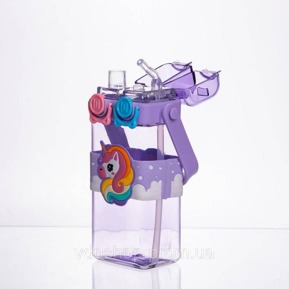 Бутылка для воды детская с трубочкой 550 мл с ручкой и ремешком 19 см Фиолетовый HP-18-3V | Зображення 1