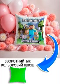 Подушка плюшева Мерч Крафт Дизайн з принтом minecraft 3 імя Варвара салатовий плюш квадратна 33х33 см