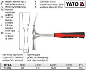 Молоток каменщика каменяра широкий металева ручка m=600 г l=315 мм YATO YT-4562