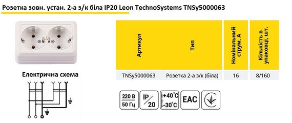 Накладна Розетка 2-а з/до (біла) Leon Ny95000063 | Зображення 1
