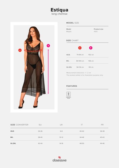 Полупрозрачная длинная сорочка Obsessive Estiqua chemise XS/S, черный, ассиметричный крой | Зображення 6