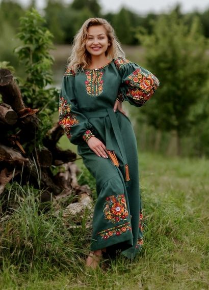 Плаття вишиванка в підлогу довге льон зелене