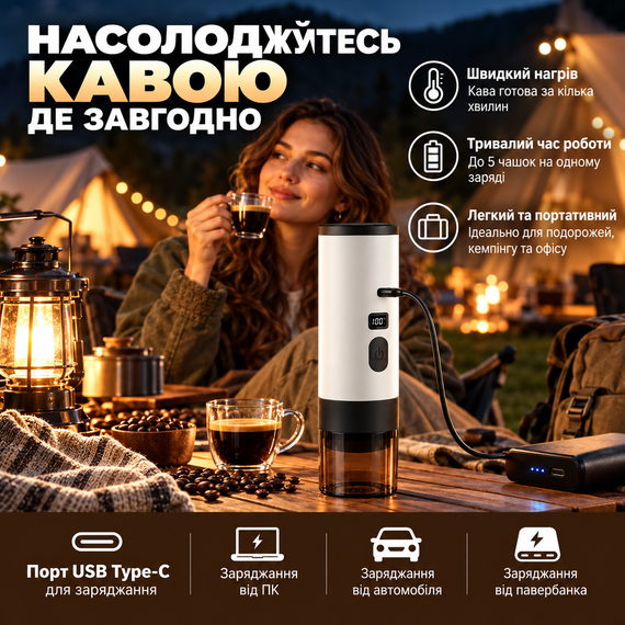 Портативна акумуляторна кавоварка 15 бар з підігрівом води 7800 мА·год для капсул і меленої кави USB Type-C біла | Зображення 7