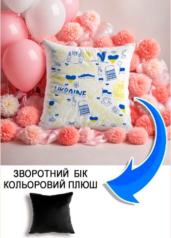 Подушка плюшева Мерч Крафт Дизайн з принтом Україна орнамент чорний плюш квадратна 33х33 см