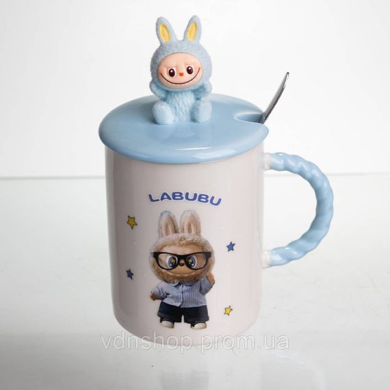 Чашка порцелянова з кришкою і ложкою Labubu 400 (мл) подарункова кружка прикольна чашка для дітей на подарунок Блакитний FM-35B | Зображення 1