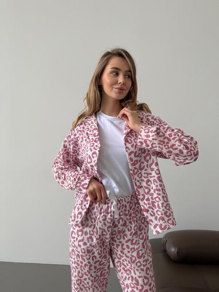 Жіноча піжама з мусліну Crocus 3ка з леопардовим принтом(сорочка+штани+футболка)