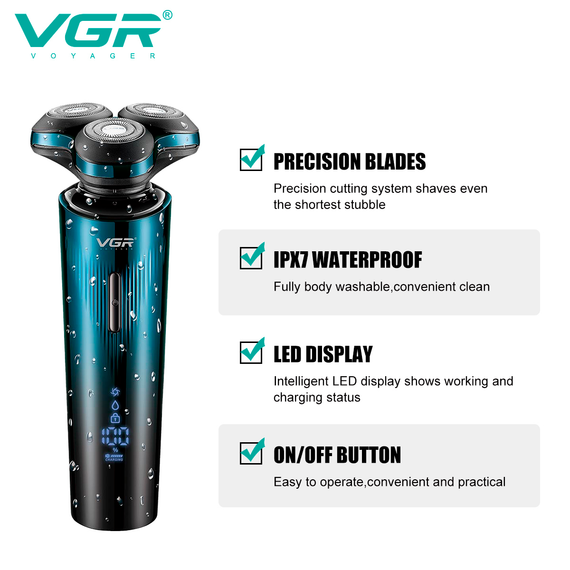 Электробритва VGR 3 в 1 V-303, 3 насадки, IPX7, LED дисплей | Зображення 3