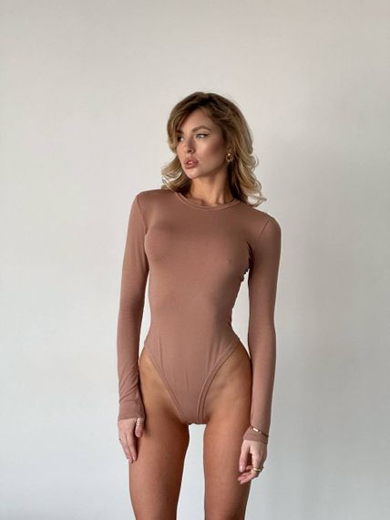 Женский боди с длинным рукавом из вискозы SH293 цвет мокко, размер 42/44