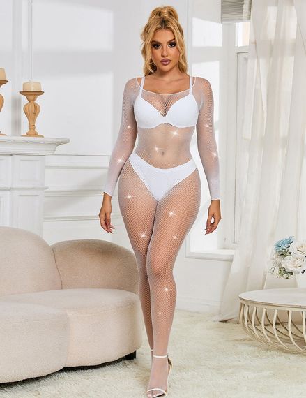 Комбінезон сітка зі стразами Star Night та відкритим доступом, білий, XS-M Sex Aura