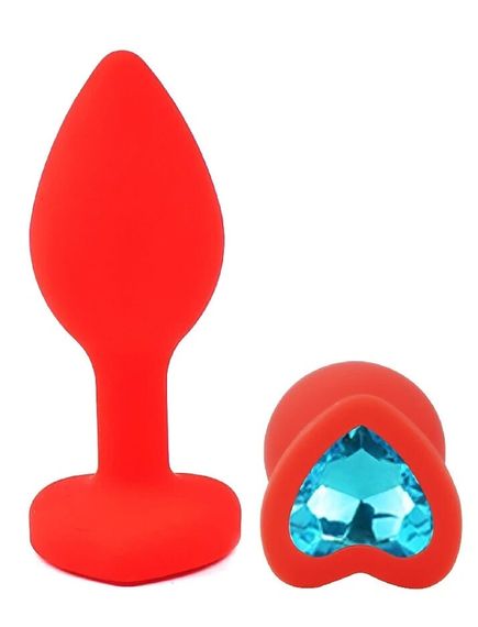 Анальная пробка EGZO Red Heart Plug S с голубым кристаллом, красная силиконовая Sex Aura | Зображення 1