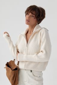 В'язаний кардиган на блискавці з високим коміром - молочний цвет, ONE SIZE (є розміри)