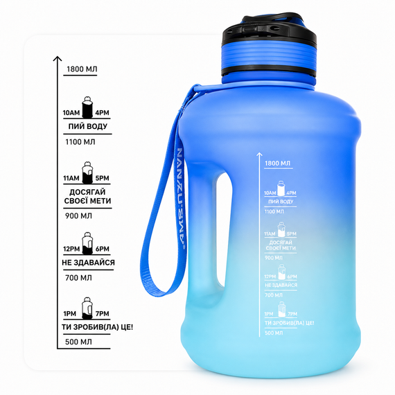Эко-бутылка KANGZYUAN 1800 мл - Голубая Tritan BPA-free, ударопрочная, спортивная с ручкой и ремешком | Зображення 2