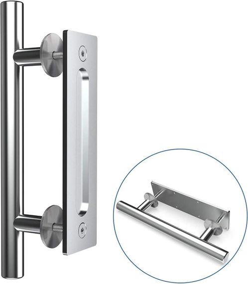 Дверная ручка для раздвижной двери двойная врезная двусторонняя, нержавеющая сталь, серебристая с креплением