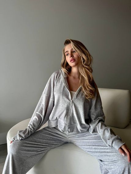 Жіночий велюровий спортивний костюм із штанами палаццо та кофтою оверсайз на блискавці колір сірий, розмір 42/44 SH359 | Зображення 4