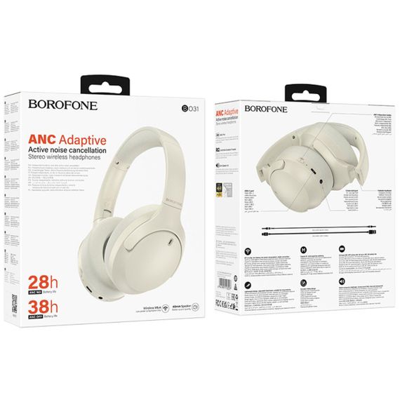 Бездротові навушники BOROFONE BO31 Prestige active noise Reduction BT headphones Milky white | Зображення 1