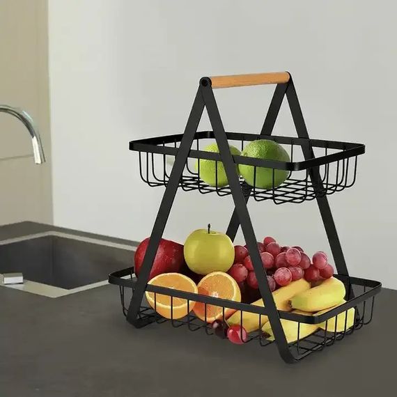 Настольная двухъярусная корзина - фруктовница с деревянной ручкой Double Fruit Basket | Зображення 1