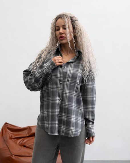 Женская фланелевая рубашка в клетку на пуговицах свободная, MN0003  цвет серый, размер S/M