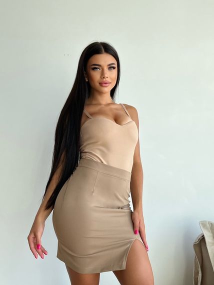 Женская короткая юбка с разрезом из костюмки NA982  размер 42/44, цвет бежевый | Зображення 2