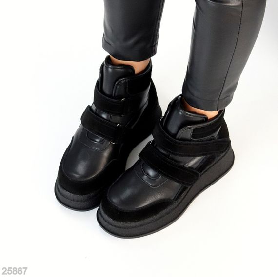 Чорні зимові черевики снікерси на липучках натуральна шкіра + замша | Зображення 3