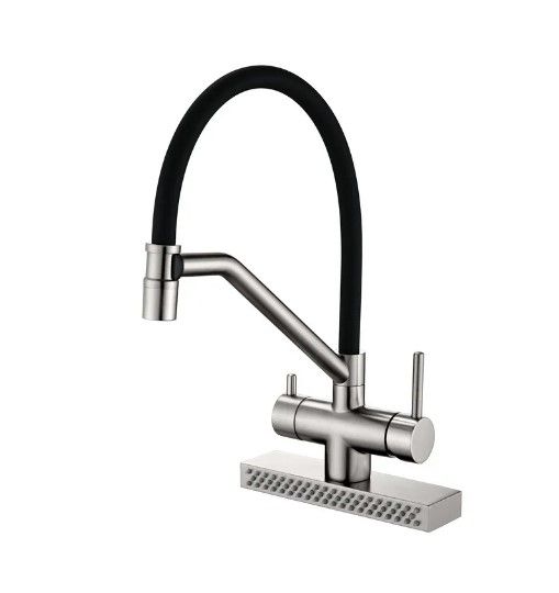 Змішувач для кухні Koer KB-74027-02 з функцією "водоспад" та чорним силіконовим виливом (KR5201)