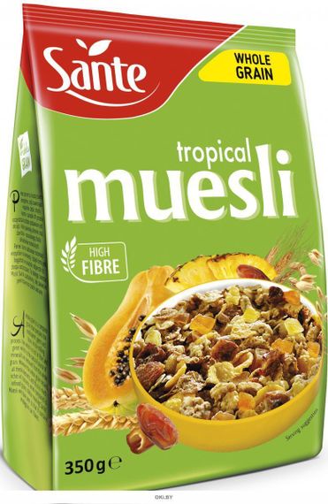 Мюслі цілозернові Sante Muesli, 350 г, зі шматочками тропічних фруктів, мюслі з горіхами, кранчі