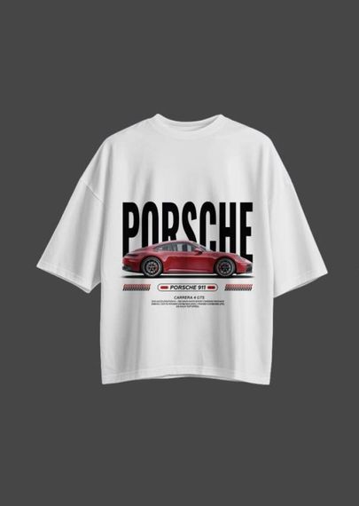 Oversize футболка з принтом  Porsche біла | Зображення 1