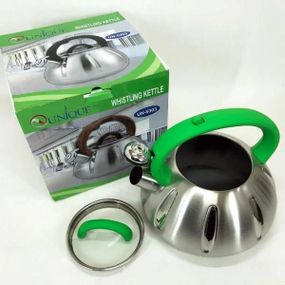 Чайник из нержавеющей стали со свистком 2,5л UNIQUE UN-5303 Зеленая ручка