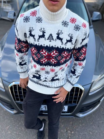 Мужской новогодний свитер с оленями в узорах PA2655 цвет белый, размер XXL