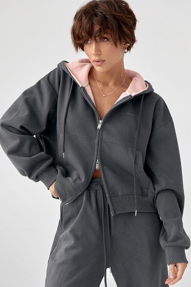 Теплий спортивний костюм з капюшоном із рожевим начосом - темно-сірий цвет, S/M (є розміри) | Зображення 2