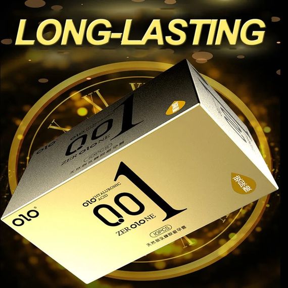 Ароматизовані ультратонкі текстуровані презервативи з гіалуроновою кислотою і пролонгуючим ефектом OLO - ZERO ONE Gold, 10 шт. | Зображення 1