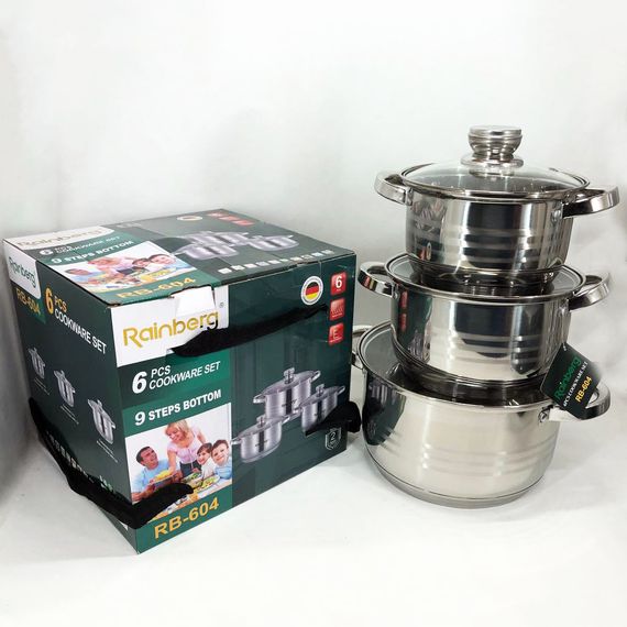 Набір каструль з нержавіючої сталі Rainberg RB-604 6 предметов, Набір каструль з кришками EV-181 для кухні | Зображення 2
