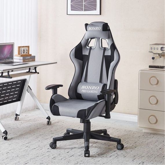 Крісло геймерське з тканини Bonro Бонро B-142 сіре + 2 подушки (42401114) | Зображення 1