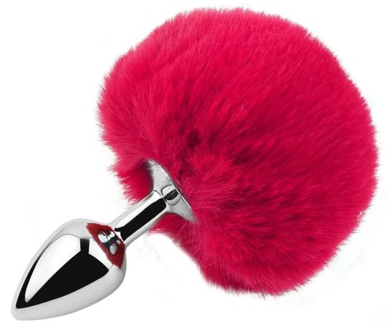 Анальна пробка EGZO Bunny Tail Silver Plug S з пухнастим хвостиком, малинова Sex Aura
